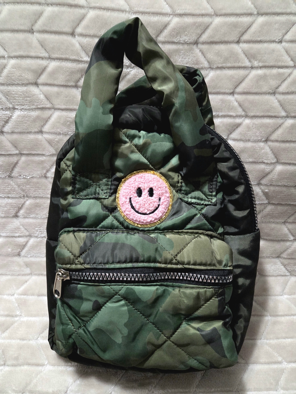 Like New Camo Quilted Mini Backpack with Pink Smiley Patch